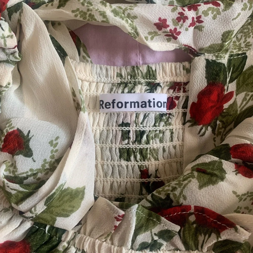 Reformation Cream Floral Puff-Sleeve Blouse with Red & Green Roses